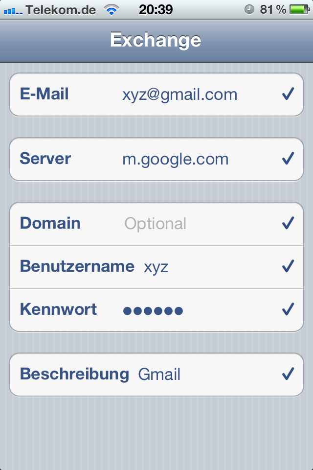 Screenshot iPhone Beispielzugangsdaten für Gmail