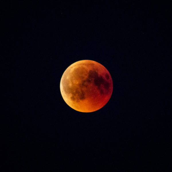 Das Bild zeigt den rot-orangen Mond während der Mondfinsternis am 27. Juli 2018.
